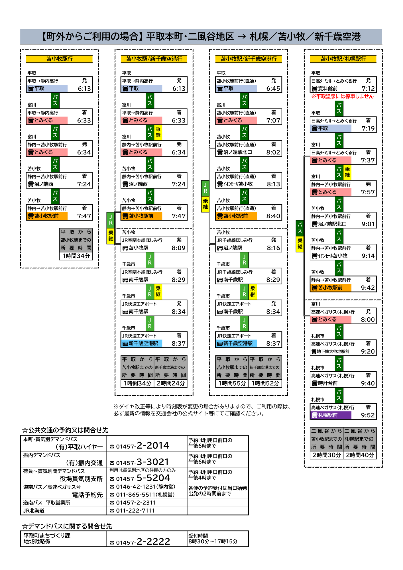 平取本町・二風谷地区から札幌・苫小牧へ行く場合